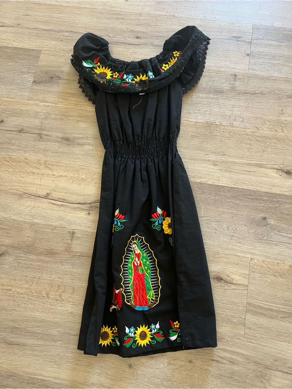 Black Embroidered Off-Shoulder Kids Dress with Floral & Icon Motif